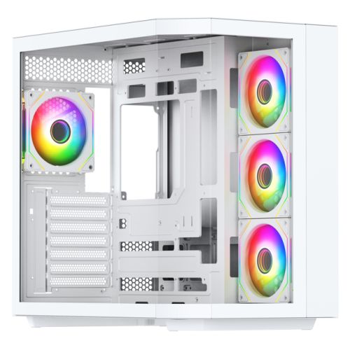 Vida Edge White ARGB Gaming Cube Case w/ Glass Side, Front & Corner, ATX, 4x ARGB PWM Fans, 6-Port Fan Hub & Remote Control, Asus BTF Compatible